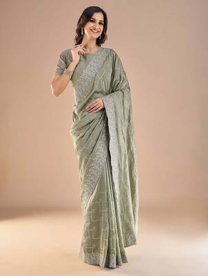 Sea green floral embroidered beads and stones saree 5