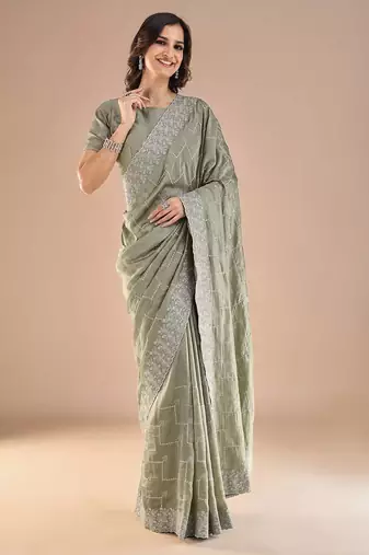 Sea green floral embroidered beads and stones saree