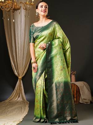 Green green & gold-toned ethnic motifs woven design zari kanjeevaram saree 1