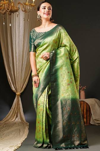 Green green & gold-toned ethnic motifs woven design zari kanjeevaram saree