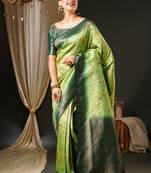 Green green & gold-toned ethnic motifs woven design zari kanjeevaram saree