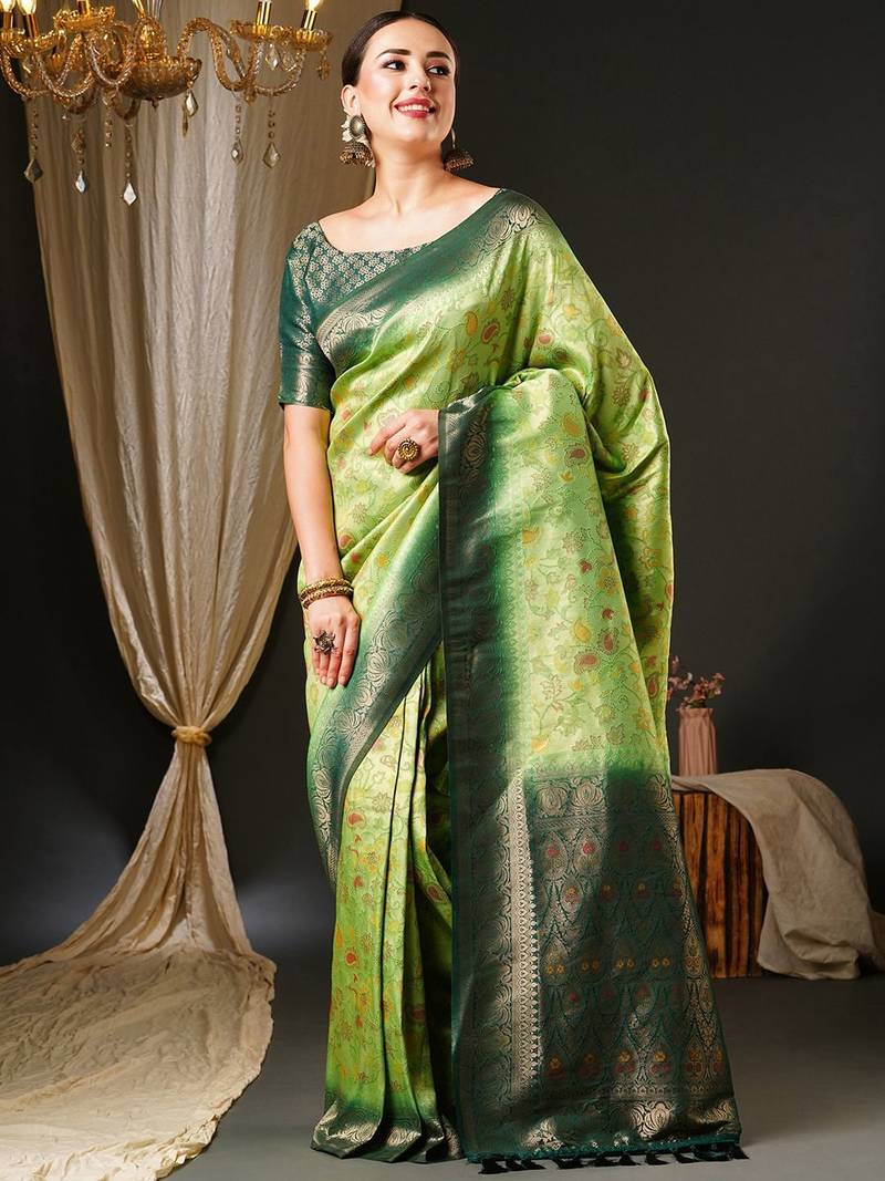 Green green & gold-toned ethnic motifs woven design zari kanjeevaram saree