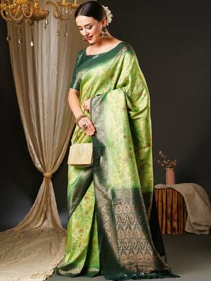 Green green & gold-toned ethnic motifs woven design zari kanjeevaram saree 2