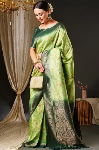 Green green & gold-toned ethnic motifs woven design zari kanjeevaram saree