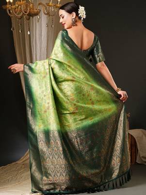 Green green & gold-toned ethnic motifs woven design zari kanjeevaram saree 3