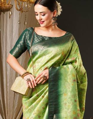 Green green & gold-toned ethnic motifs woven design zari kanjeevaram saree 4
