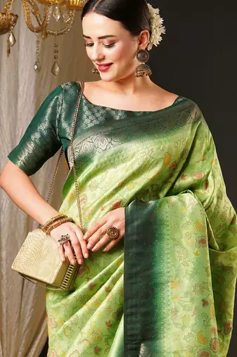 Green green & gold-toned ethnic motifs woven design zari kanjeevaram saree