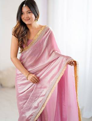 Pink embellished zari satin designer saree 2