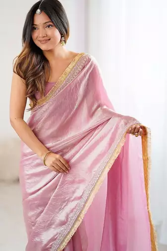 Pink embellished zari satin designer saree