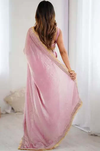 Pink embellished zari satin designer saree