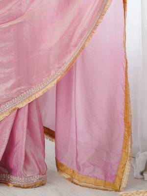 Pink embellished zari satin designer saree 4