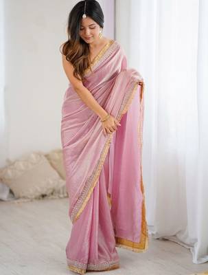Pink embellished zari satin designer saree 5
