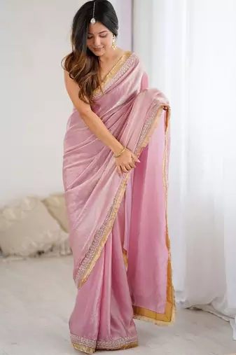Pink embellished zari satin designer saree