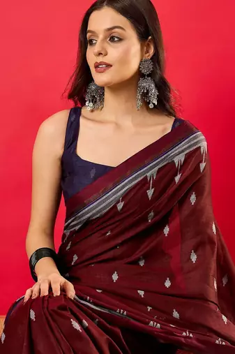 Maroon ethnic motifs printed zari bhagalpuri saree