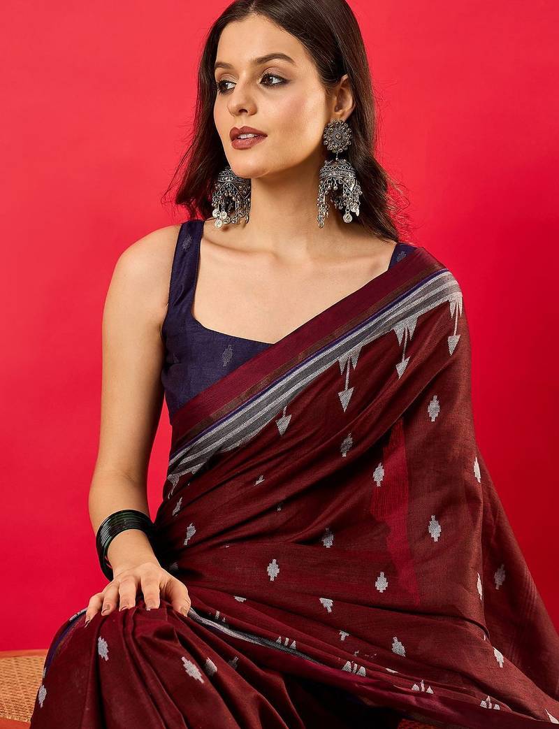 Maroon ethnic motifs printed zari bhagalpuri saree