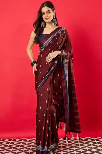Maroon ethnic motifs printed zari bhagalpuri saree