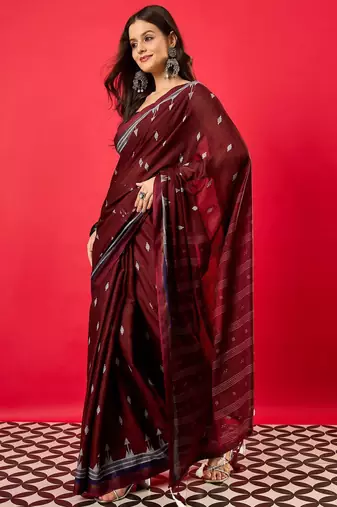 Maroon ethnic motifs printed zari bhagalpuri saree