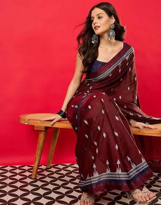 Maroon ethnic motifs printed zari bhagalpuri saree 5