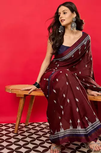 Maroon ethnic motifs printed zari bhagalpuri saree