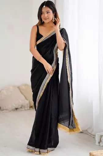 Black embellished satin saree