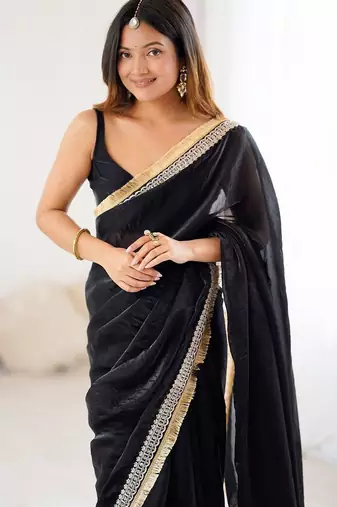 Black embellished satin saree