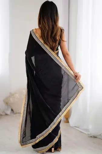 Black embellished satin saree