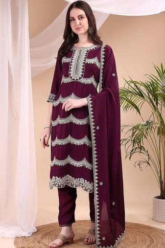 women ethnic regular thread work kurta with trousers with dupatta