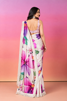 floral satin shoulder pre-pleated ready to wear saree 2