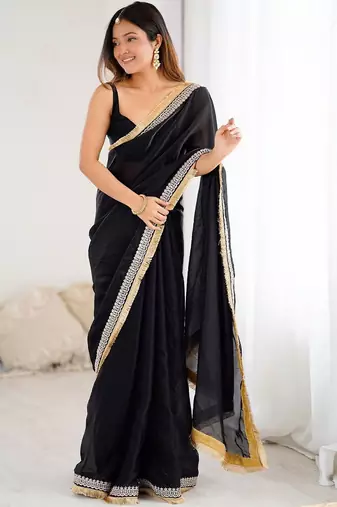 Black embellished satin saree