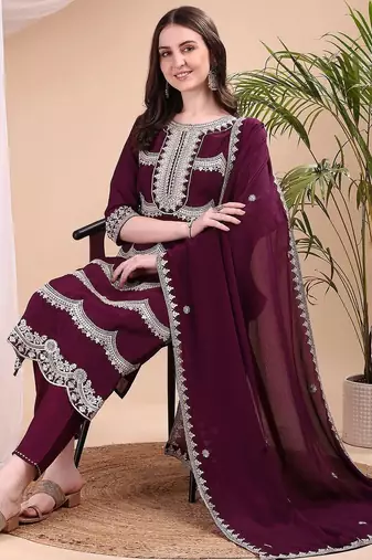 women ethnic regular thread work kurta with trousers with dupatta