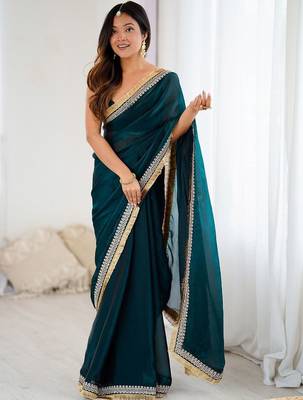Teal embellished zari satin heavy work saree 1