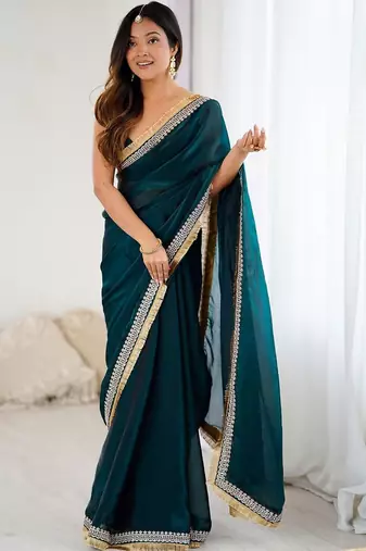 Teal embellished zari satin heavy work saree