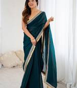 Teal embellished zari satin heavy work saree