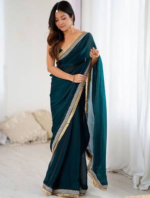 Teal embellished zari satin heavy work saree 2