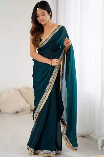 Teal embellished zari satin heavy work saree