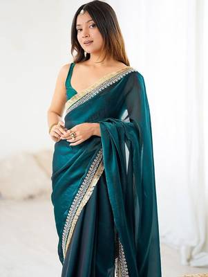 Teal embellished zari satin heavy work saree 3