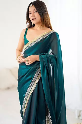 Teal embellished zari satin heavy work saree
