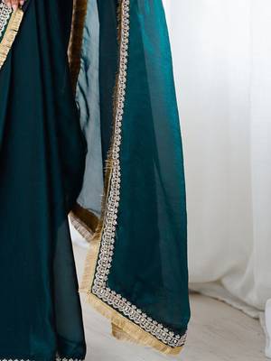 Teal embellished zari satin heavy work saree 4