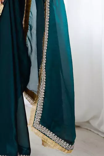 Teal embellished zari satin heavy work saree
