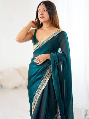 Teal embellished zari satin heavy work saree 5