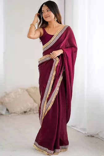 Maroon embellished embroidered satin designer saree
