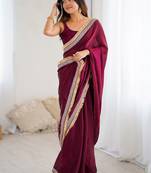 Maroon embellished embroidered satin designer saree