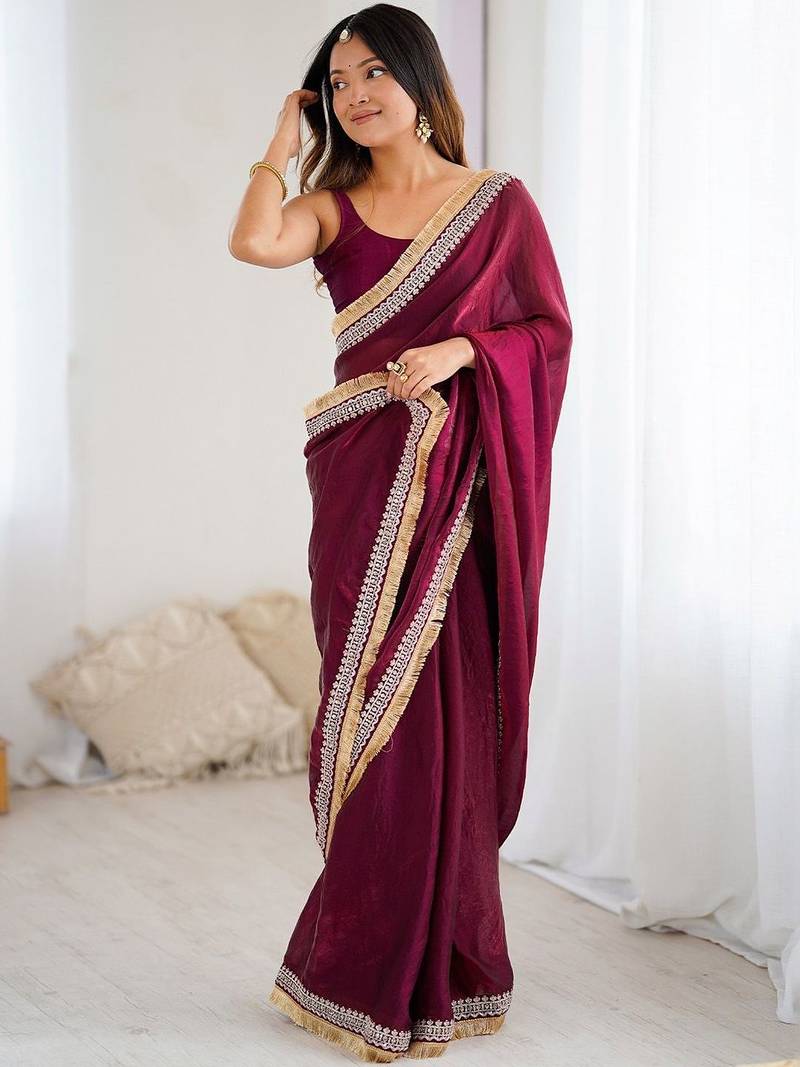 Maroon embellished embroidered satin designer saree