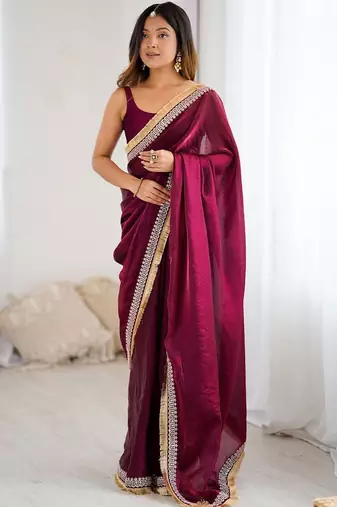 Maroon embellished embroidered satin designer saree
