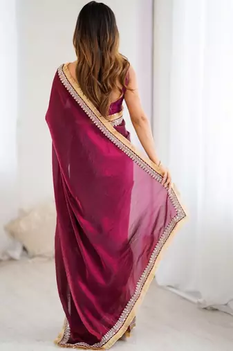 Maroon embellished embroidered satin designer saree
