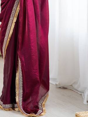 Maroon embellished embroidered satin designer saree 4