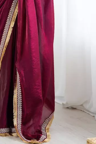 Maroon embellished embroidered satin designer saree