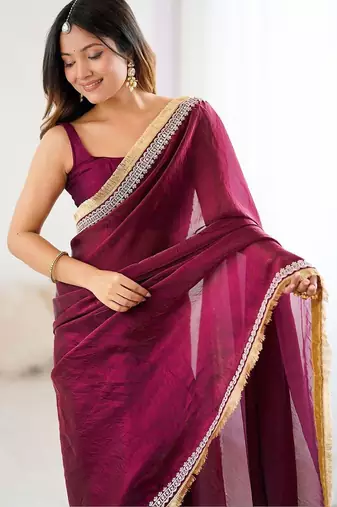 Maroon embellished embroidered satin designer saree