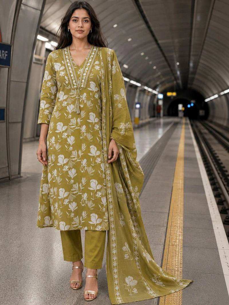 women floral printed regular  silk kurta with trousers & with dupatta
