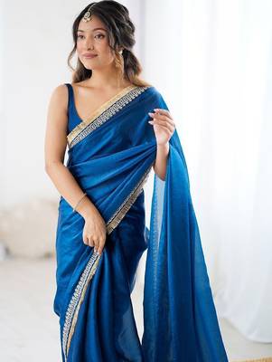 Blue ethnic motifs embroidered satin saree 2